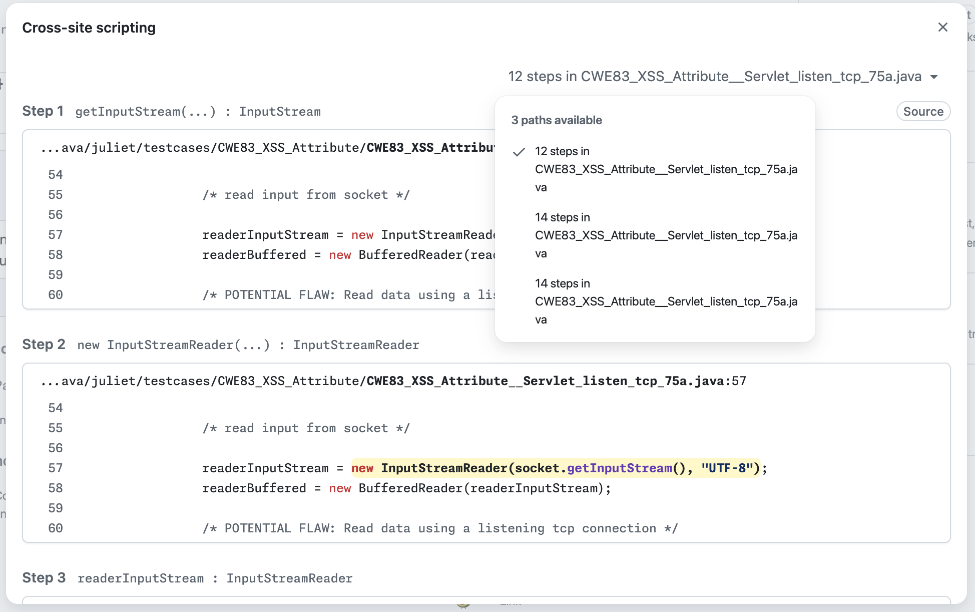 Captura de tela de uma página de detalhes do alerta code scanning mostrando o menu suspenso de caminhos com "3 caminhos disponíveis".
