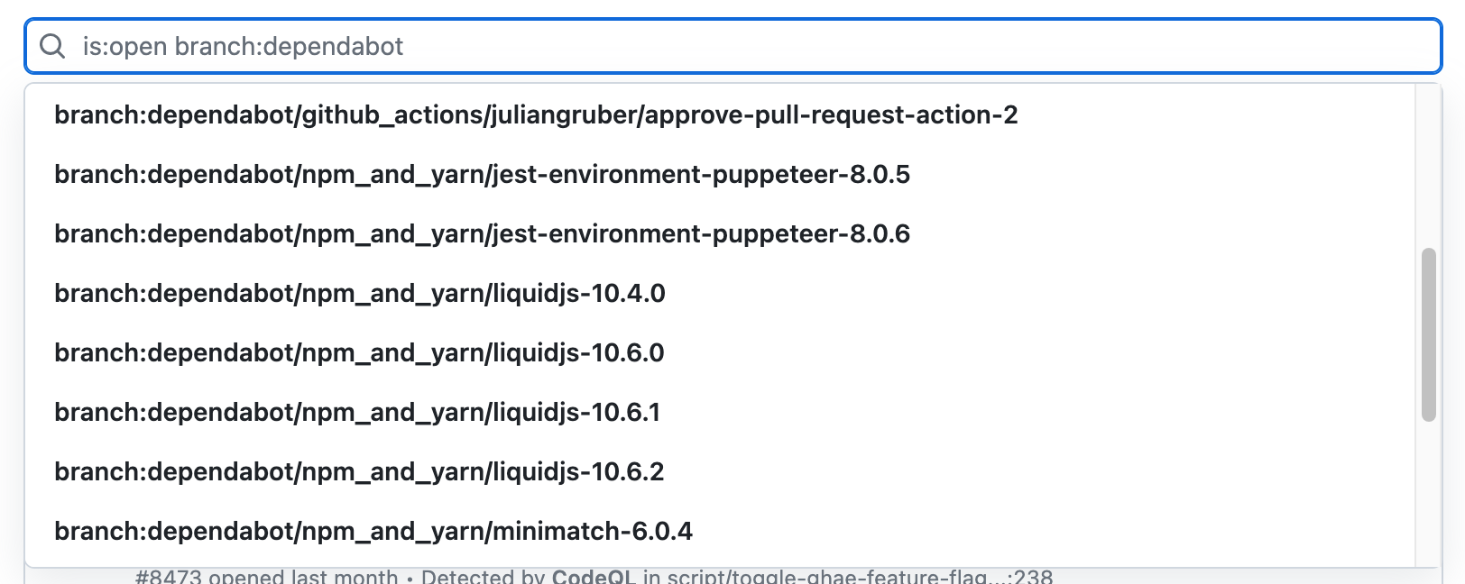 Captura de tela do campo de pesquisa na exibição de alertas. O campo contém "branch:dependabot" e todas as ramificações válidas com um nome correspondente são exibidas.