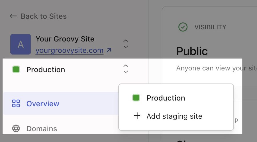 Una freccia dal menu a discesa Produzione all'opzione + Aggiungi sito di staging nella Dashboard di hosting.