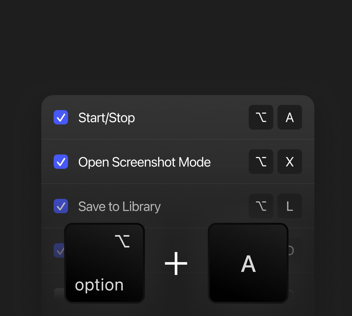 Overlay showing keyboard shortcuts for start, stop, screenshot mode, and other actions