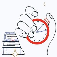 Hand holding a stopwatch in front of stacked books